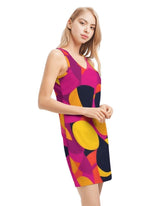 Airline Series - Rib Knit V Neck Tank Dress Geometric Abstract - Retro Bold Funky Avant Garde - Swirls Pink Orange Yellow Multi-color
